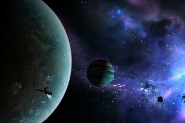 A spaceship is wandering through space