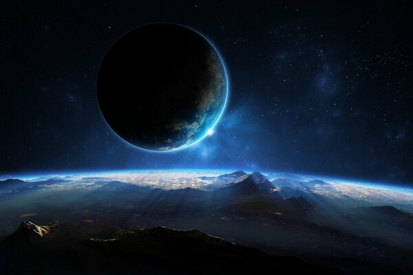 Ein Satellit eines fantastischen Planeten mit einem Glanz