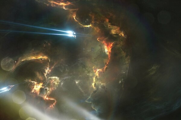 Ships are flying up to a beautiful nebula