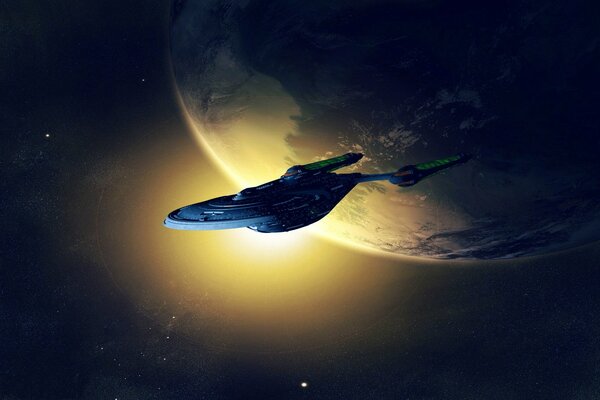 Astronave di Star Trek che vola vicino al pianeta