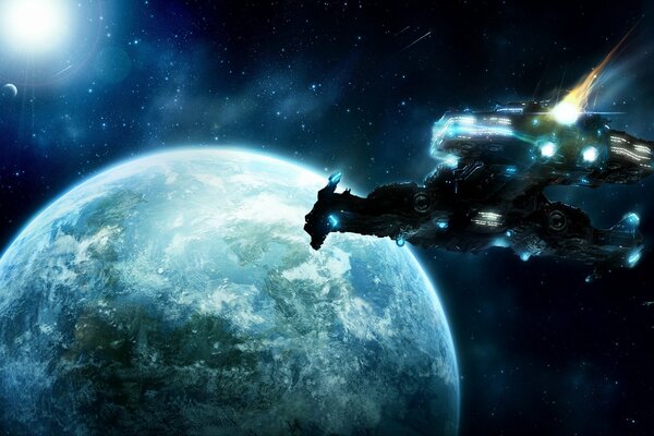 A spaceship over the planet earth