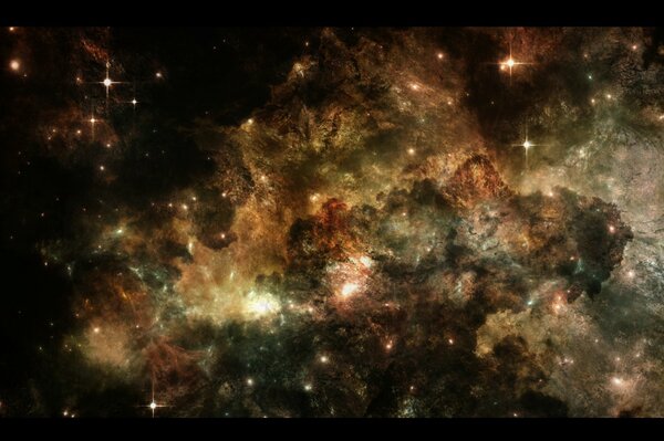 Nebulosa dorada llena de estrellas brillantes