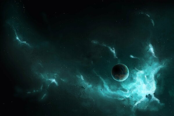 Une planète est visible dans la nébuleuse cosmique