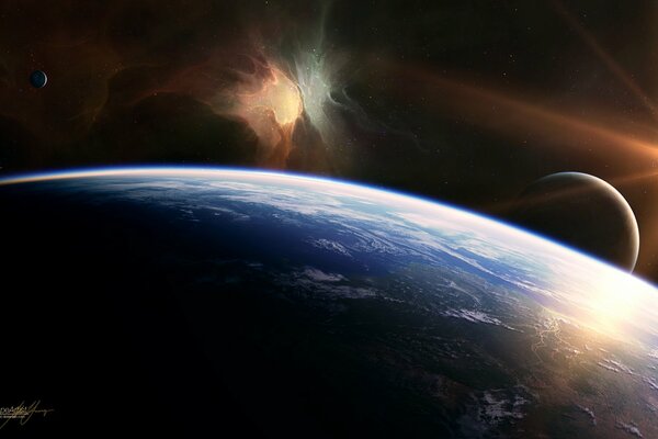 Sunrise on Earth and Moon in the dark of space