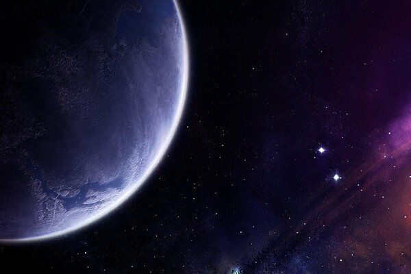 Cosmic landscape with a planet and a nebula