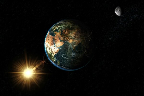 Die Sonne beleuchtet die Erde und ihren natürlichen Satelliten - den Mond