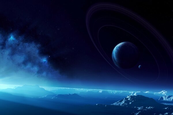 The surface of a planet with planets in the sky