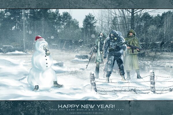 A snowman in a gas mask next to stalkers