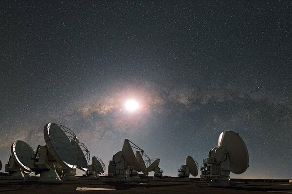 Radio telescopes on the background of the starry sky. The Milky Way