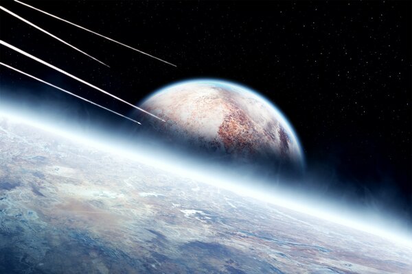 Rockets flying along the surface against the background of the planet