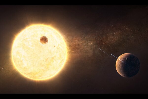A star system with planets and satellites