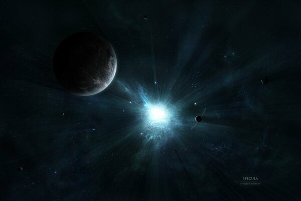 Space. Planets illuminated by turquoise radiance