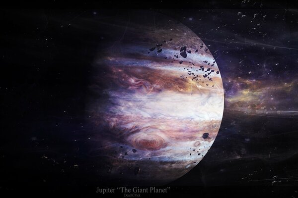 Planeta gigante Júpiter con asteroides