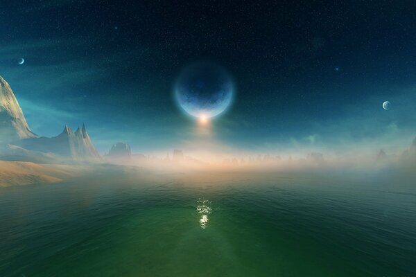 Stars and planets in the dark space are located above the water