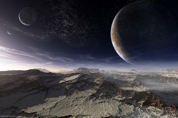 Paysage fantastique des montagnes et des planètes