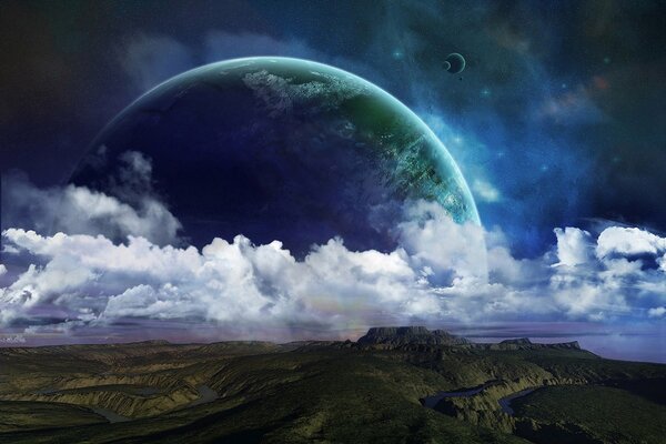 I m sitting on a green planet and watching the features of giant satellites appear through the clouds