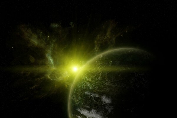 An Earth-like exoplanet of deep space against the background of the parent star