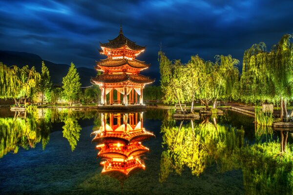 Chinese pagoda in the park with water
