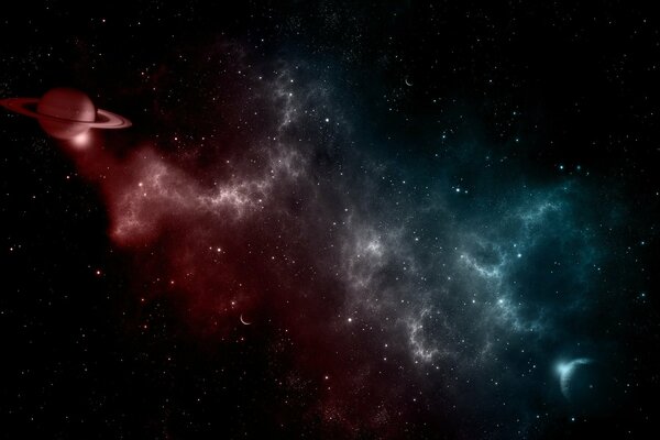 Space. Blue-red cloud space emanating from a planet with rings