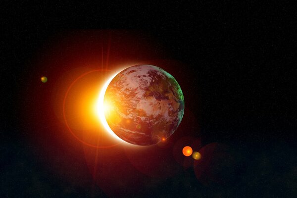 A planet in space and a golden glow from it