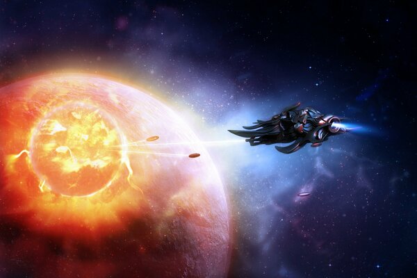 A spaceship flying away from a bright planet