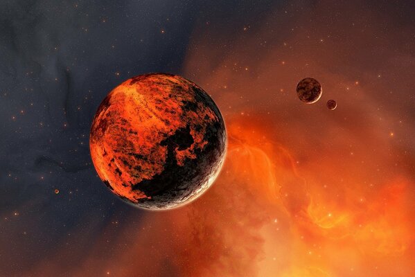 Satellites and a planet in foggy space