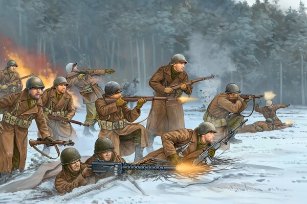 Soldiers in helmets shoot from a machine gun in winter