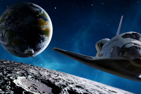 Una navetta che vola dal pianeta alle stelle