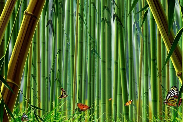 Schmetterlinge auf grünem Bambus Hintergrund