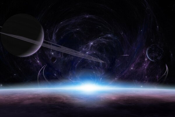 Sunrise over a planet surrounded by a nebula