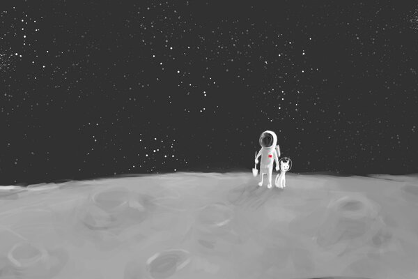 Cosmonaut and cat explore the moon