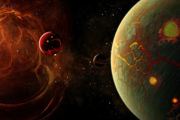Fantastische Raumlandschaft. Vulkanischer Planet