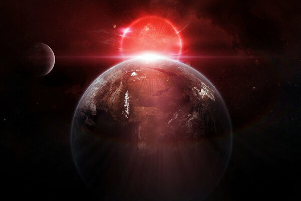 La luz del sol sobre un planeta con un satélite en el espacio