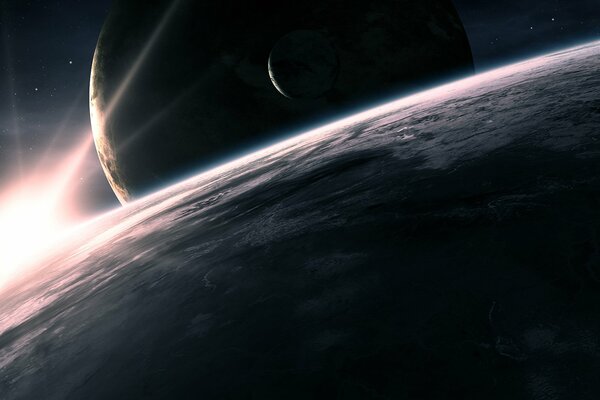 View of the planet with its satellite