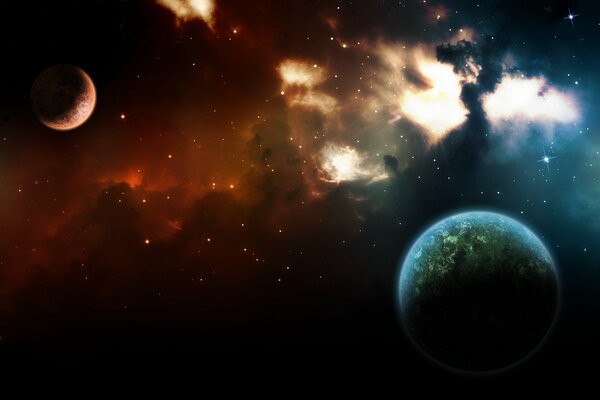Spazio. Due pianeti. Nebulosa rossa