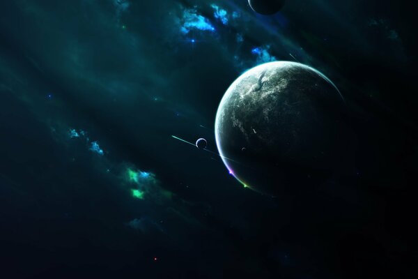 A planet illuminated in blue and green