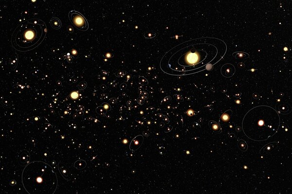 Exoplanets, stars flying in black outer space and emitting yellow light