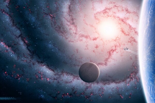 A spaceship between a planet and a satellite