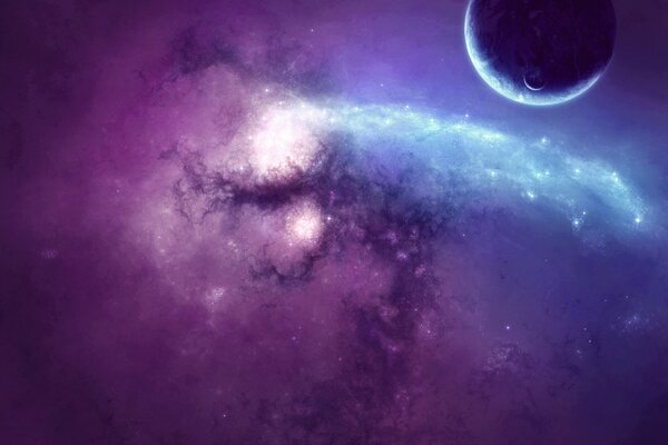 Grande planète avec satellite dans le ciel lilas avec galacticots