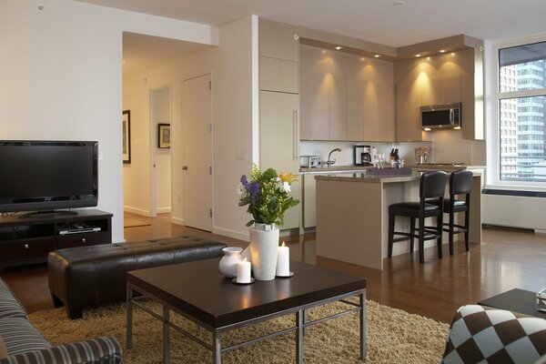 City apartment in a megalopolis. Living room interior