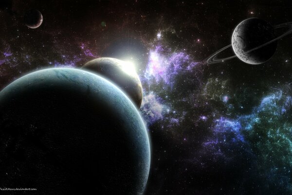 Ammasso stellare sullo sfondo di nebulosa, pianeta, satellite