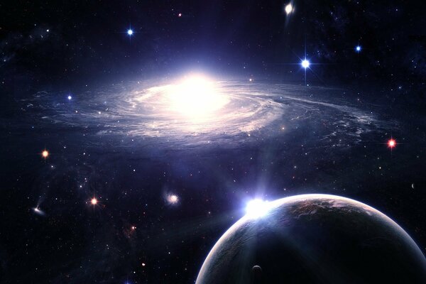 Planet auf dem Hintergrund der Galaxie, Dunkelheit