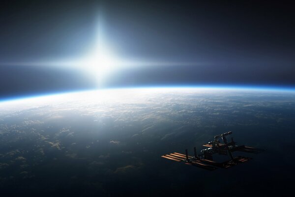 Iss view in space in sunlight