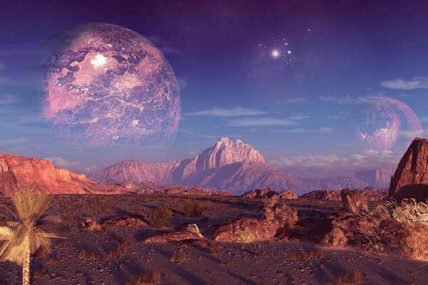 A planet against the background of mountains and sky