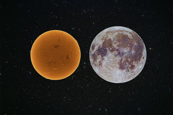 Moon and sun on a background of stars