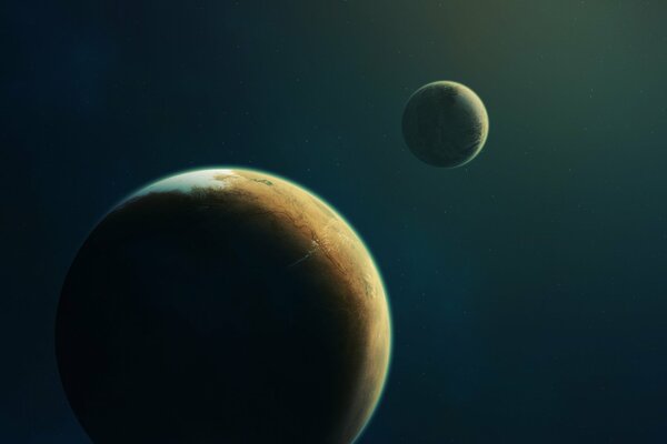 The planet and its satellite are floating in space