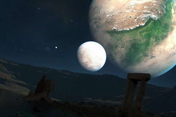 The eternity of space against the background of ancient ruins