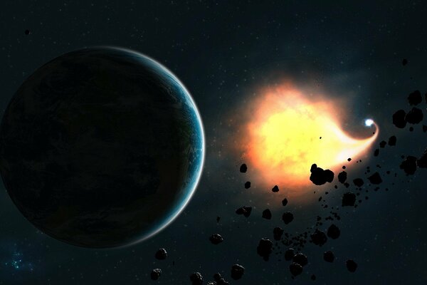 Un asteroide ardiente que vuela hacia el planeta