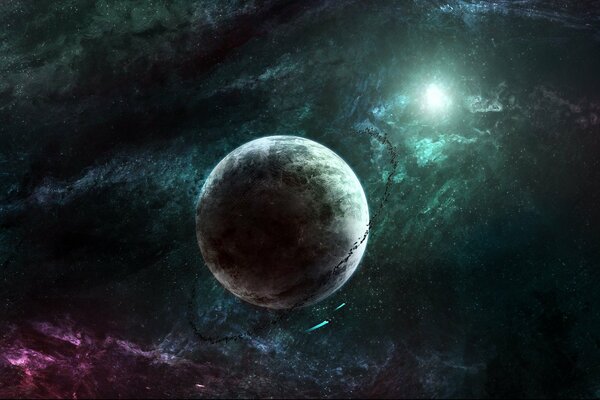 Asteroid belt and spaceships near the planet