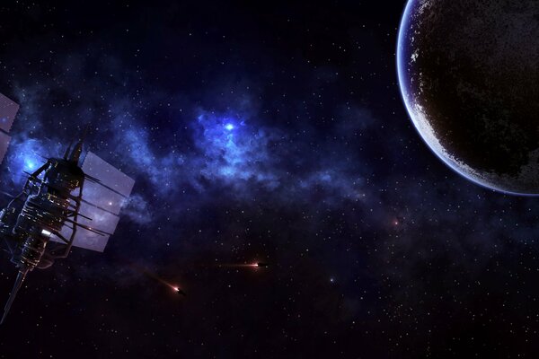 Estación orbital en el fondo de la vía láctea